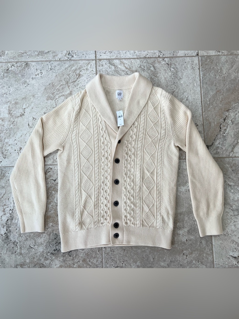 Gap NWT Cable-Knit 100% Cotton Cardigan Lapel Collar Sweater in Birch Cream, M